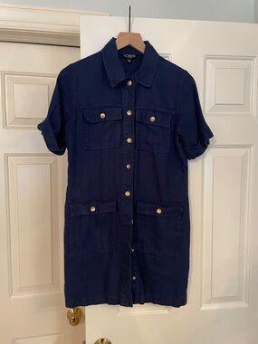 J. Crew Navy Short-Sleeve Button-Front Mini Dress with Gold Buttons
